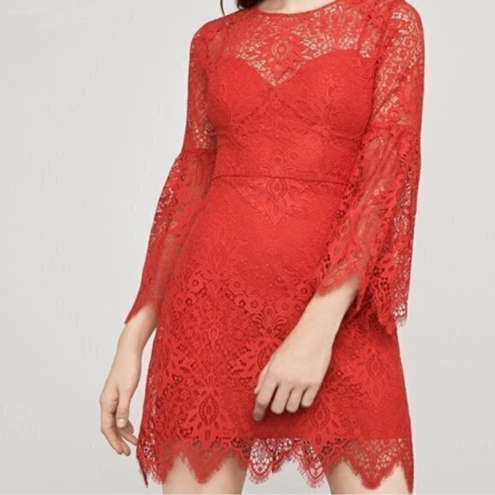 BCBGMaxAzria Vibrant Red Lace Long Sleeve Dress